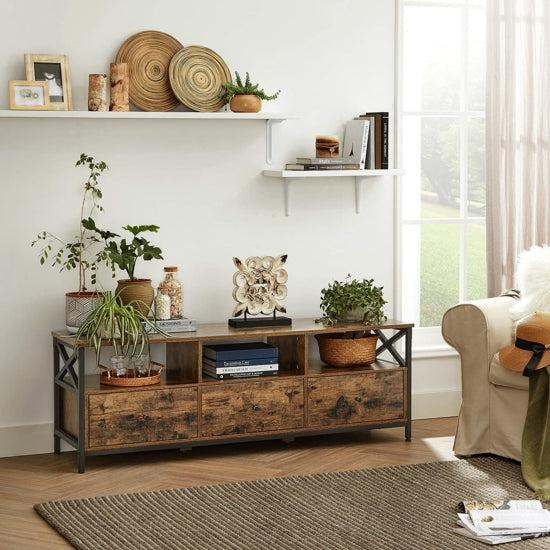 TV stalak s 3 ladice i policama za odlaganje, 147 x 50 x 40 cm, rustikalni | Vasagle-vitahome.hr
