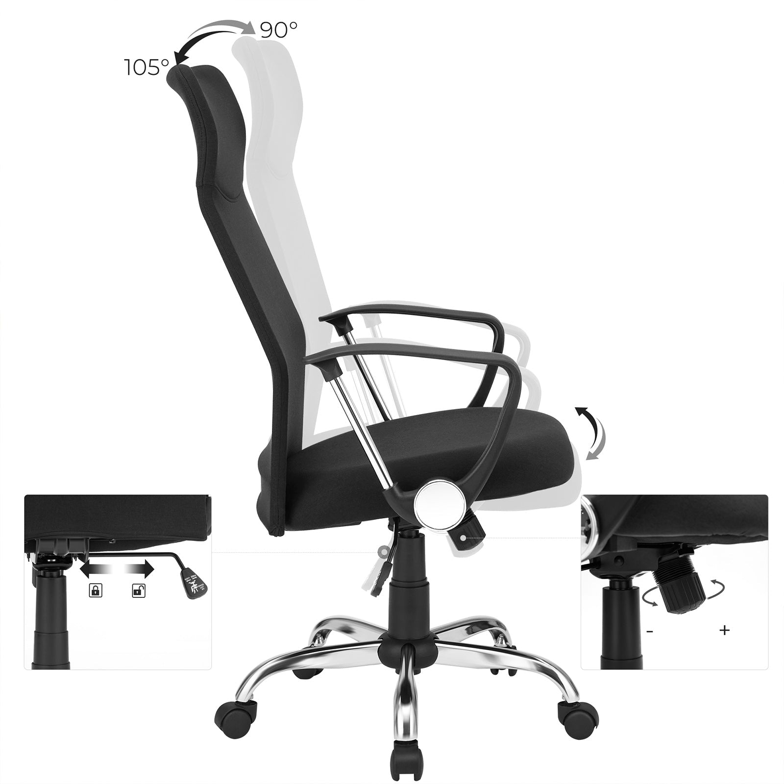 Uredska stolica, Ergonomska okretna stolica, 63 x (110-120) x 63 cm, crna | SONGMICS-vitahome.hr