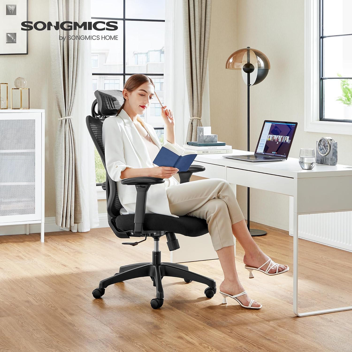 Uredska stolica, mrežasta stolica, podesiva lumbalna potpora i naslon za glavu, crna | SONGMICS-vitahome.hr