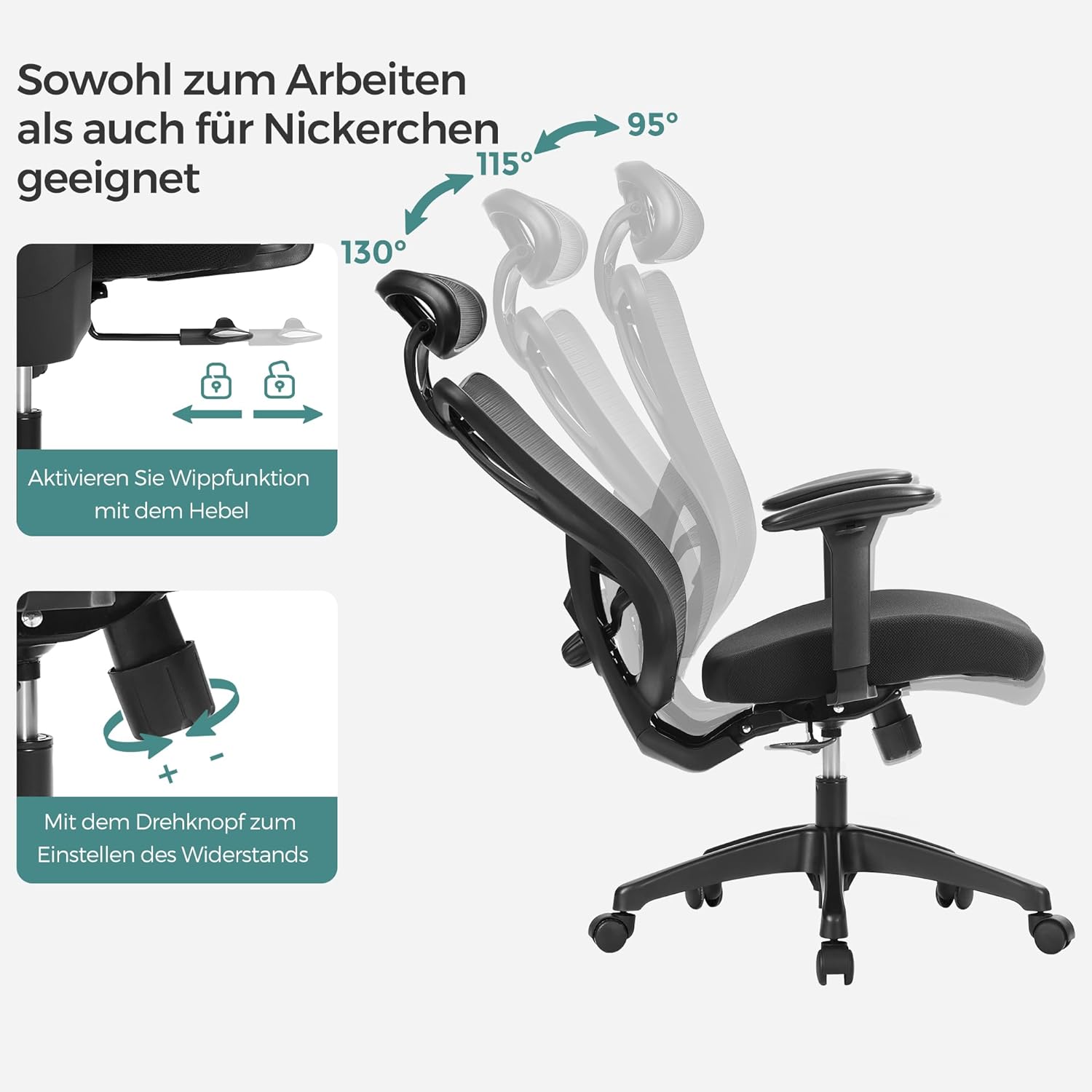 Uredska stolica, mrežasta stolica, podesiva lumbalna potpora i naslon za glavu, crna | SONGMICS-vitahome.hr