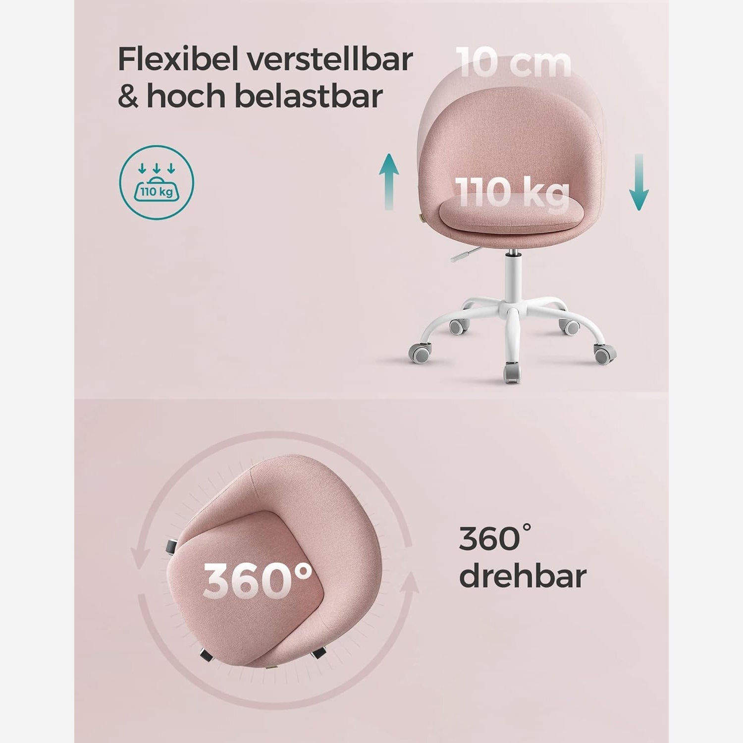Uredska stolica podesive visine, okretna radna stolica, svjetlo roza | SONGMICS-vitahome.hr