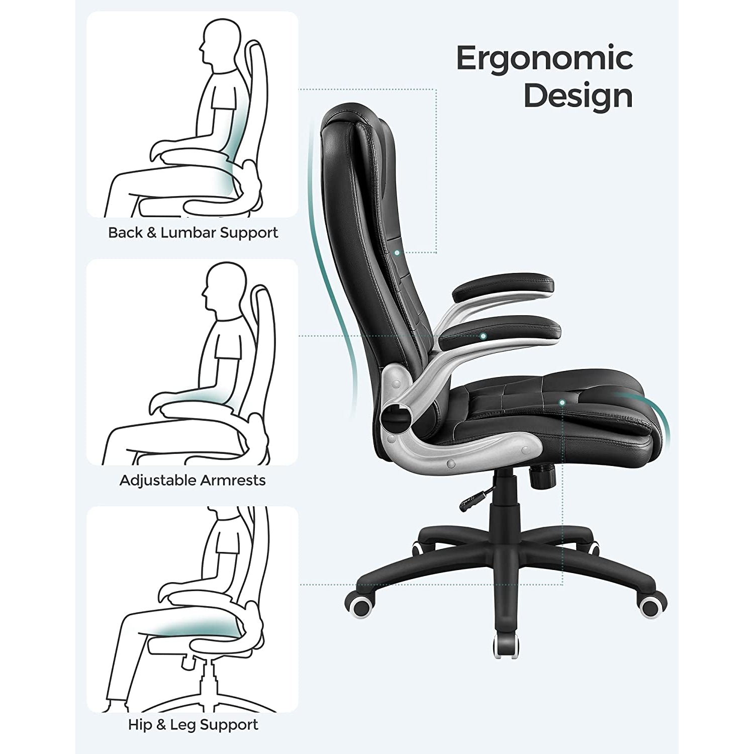 Uredska stolica s visokim naslonom, ergonomska direktorska stolica sa sklopivim naslonom za ruke, crna | SONGMICS-vitahome.hr