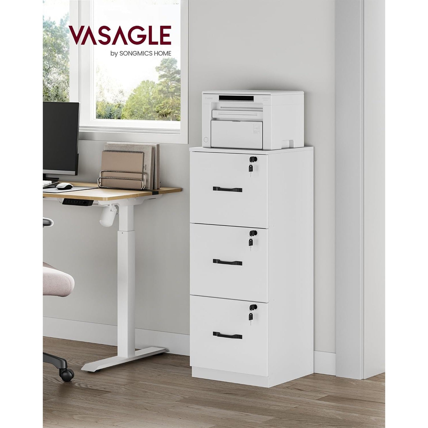Uredski ormarić s bravom i 3 ladice, 40 x 41 x 103 cm, bijeli | VASAGLE-vitahome.hr