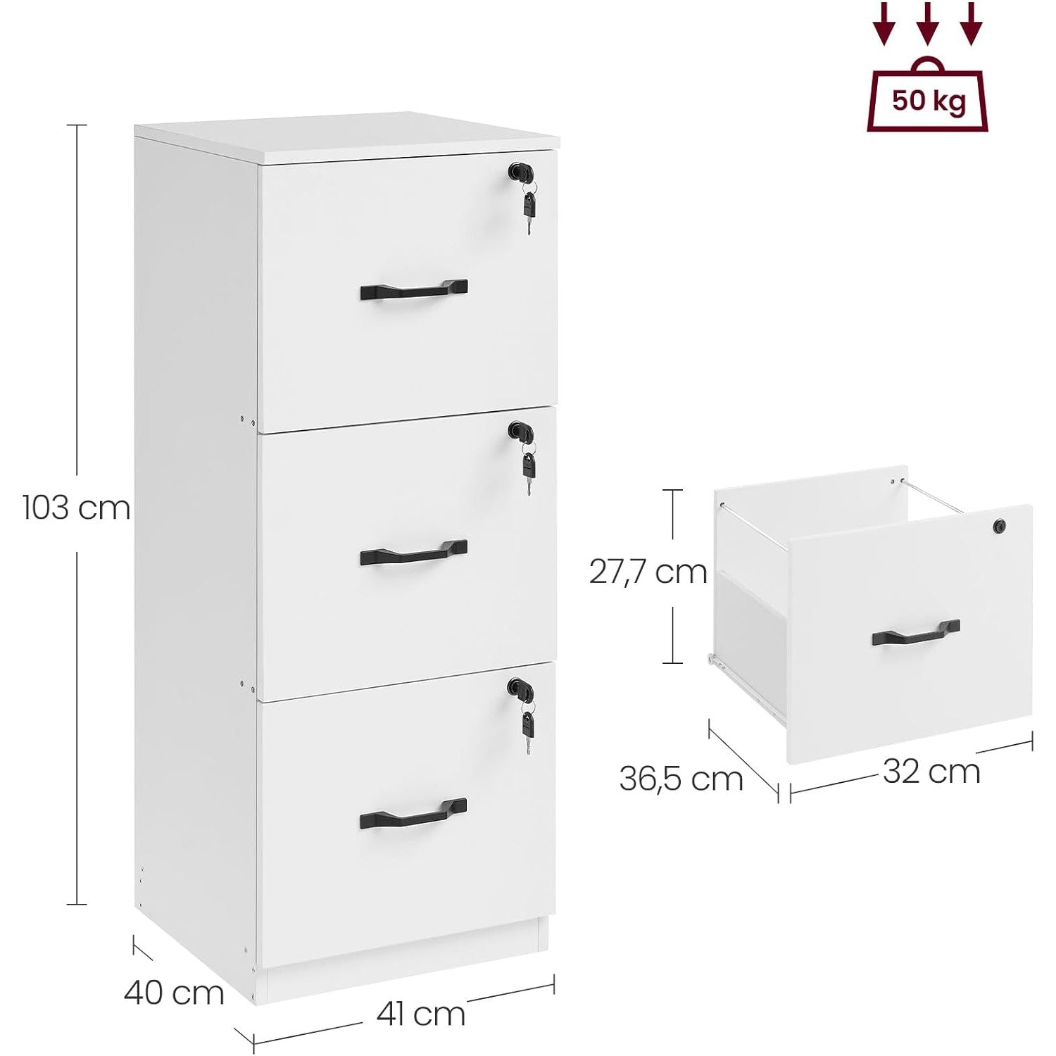 Uredski ormarić s bravom i 3 ladice, 40 x 41 x 103 cm, bijeli | VASAGLE-vitahome.hr