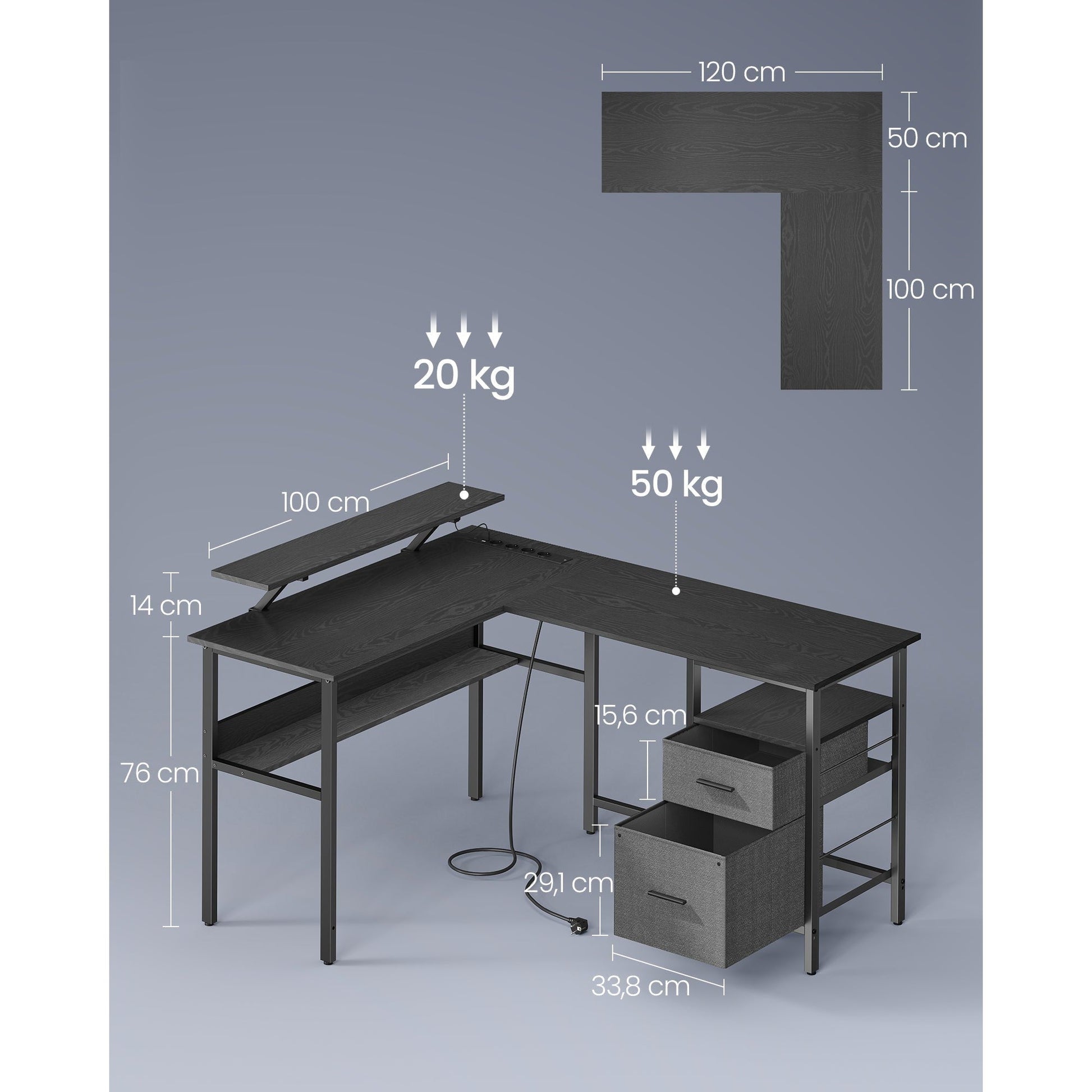 Uredski stol u obliku slova L s utičnicama, LED rasvjetom, 150x120x76 cm, crni | VASAGLE-vitahome.hr