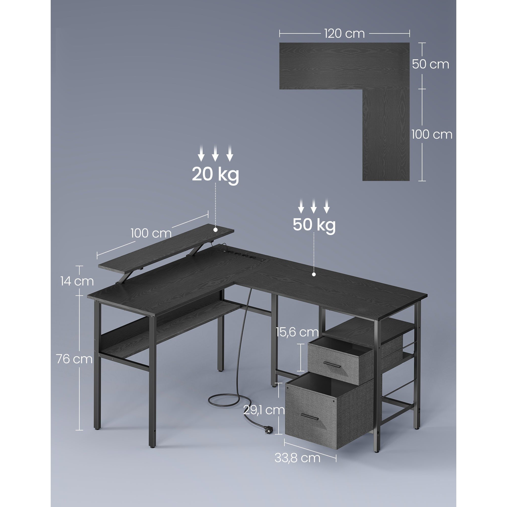 Uredski stol u obliku slova L s utičnicama, LED rasvjetom, 150x120x76 cm, crni | VASAGLE-vitahome.hr