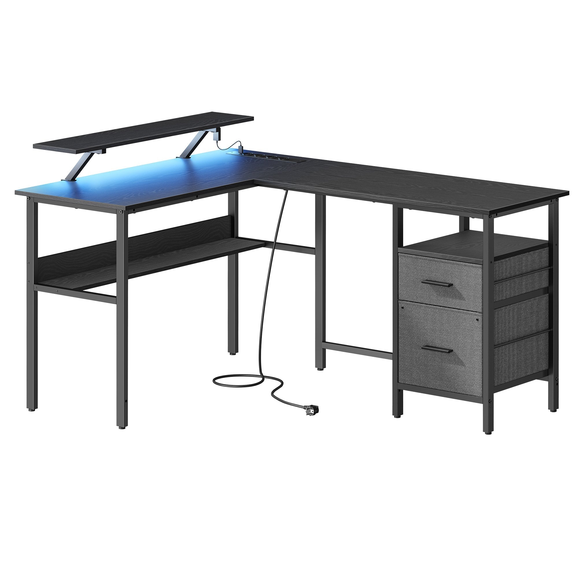 Uredski stol u obliku slova L s utičnicama, LED rasvjetom, 150x120x76 cm, crni | VASAGLE-vitahome.hr