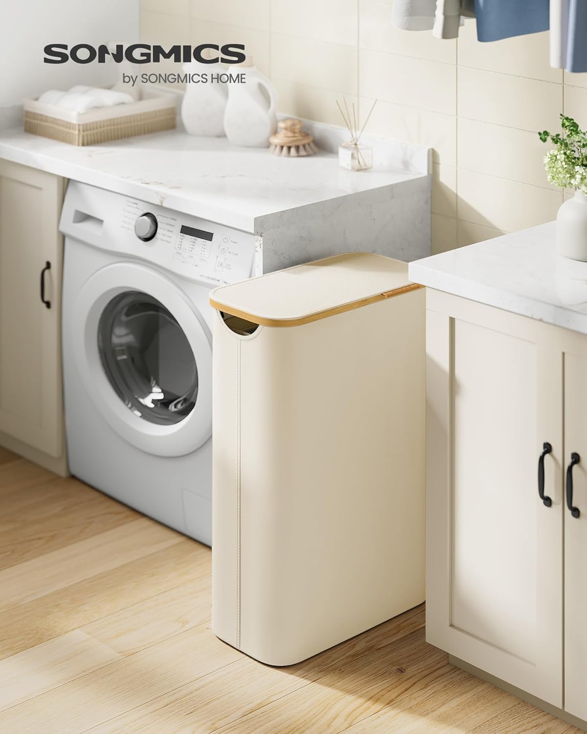 Uska košara za rublje s poklopcem, 65 L, krem-bijela