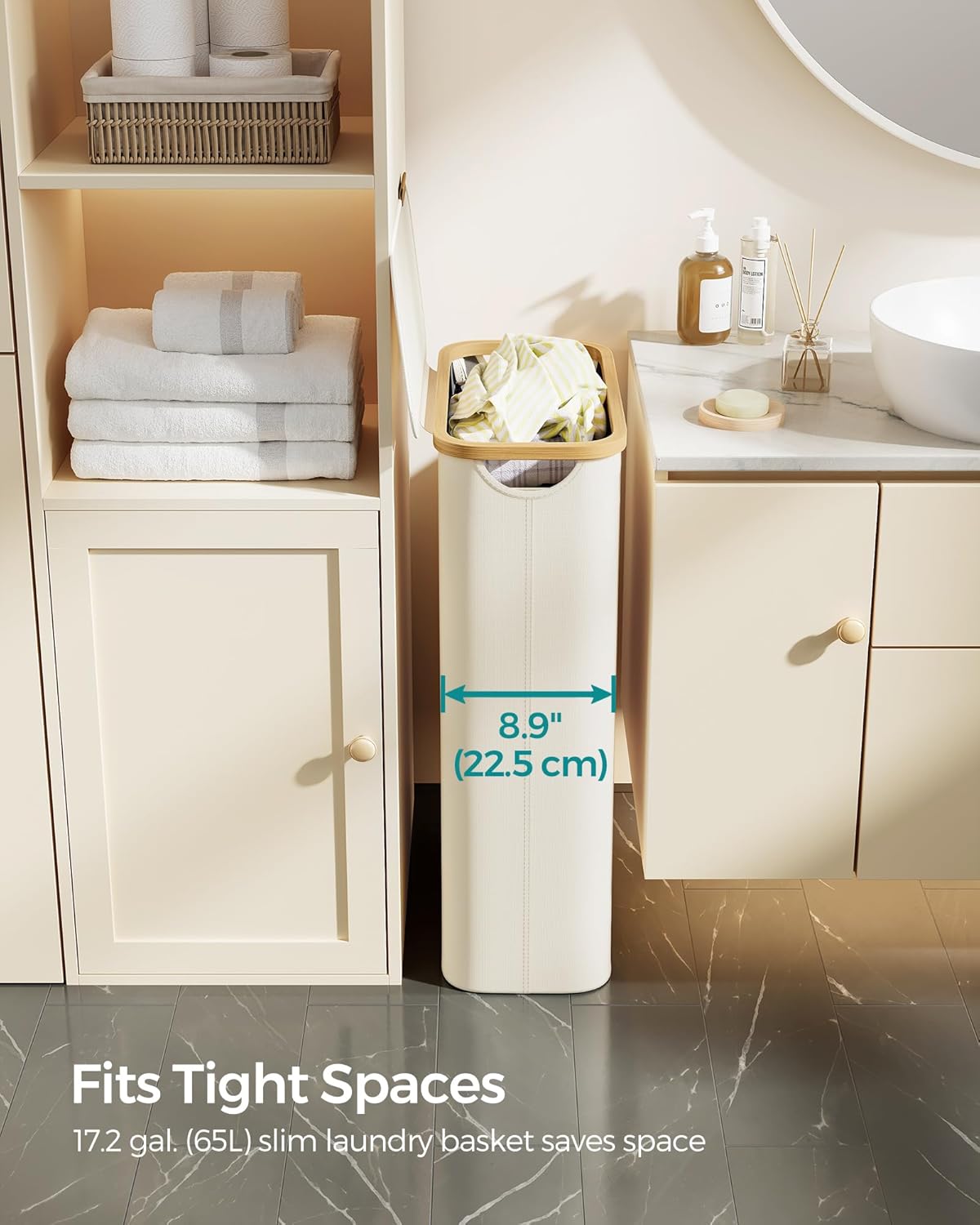 Uska košara za rublje s poklopcem, 65 L, krem-bijela