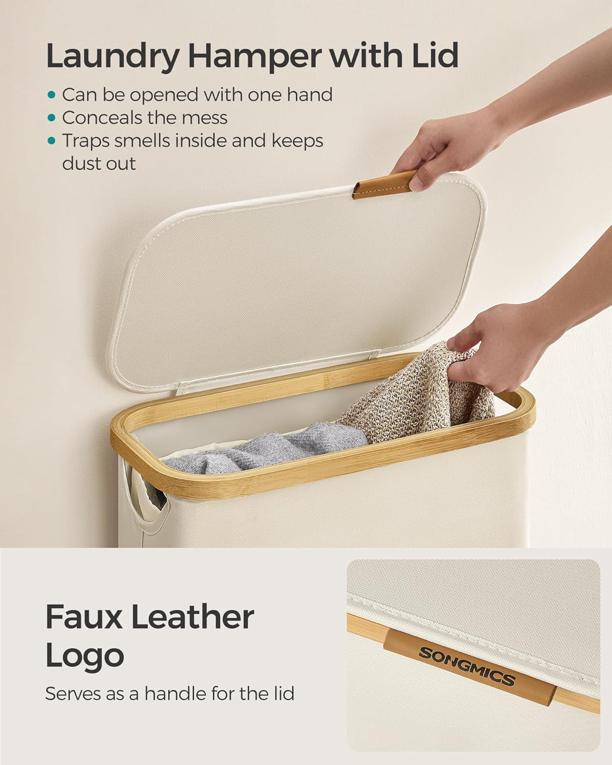 Uska košara za rublje s poklopcem, 65 L, krem-bijela