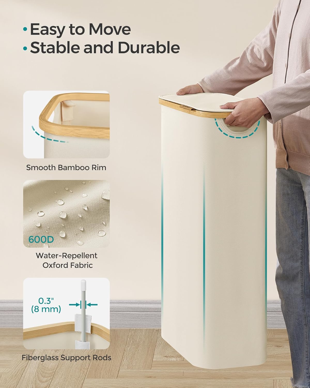 Uska košara za rublje s poklopcem, 65 L, krem-bijela