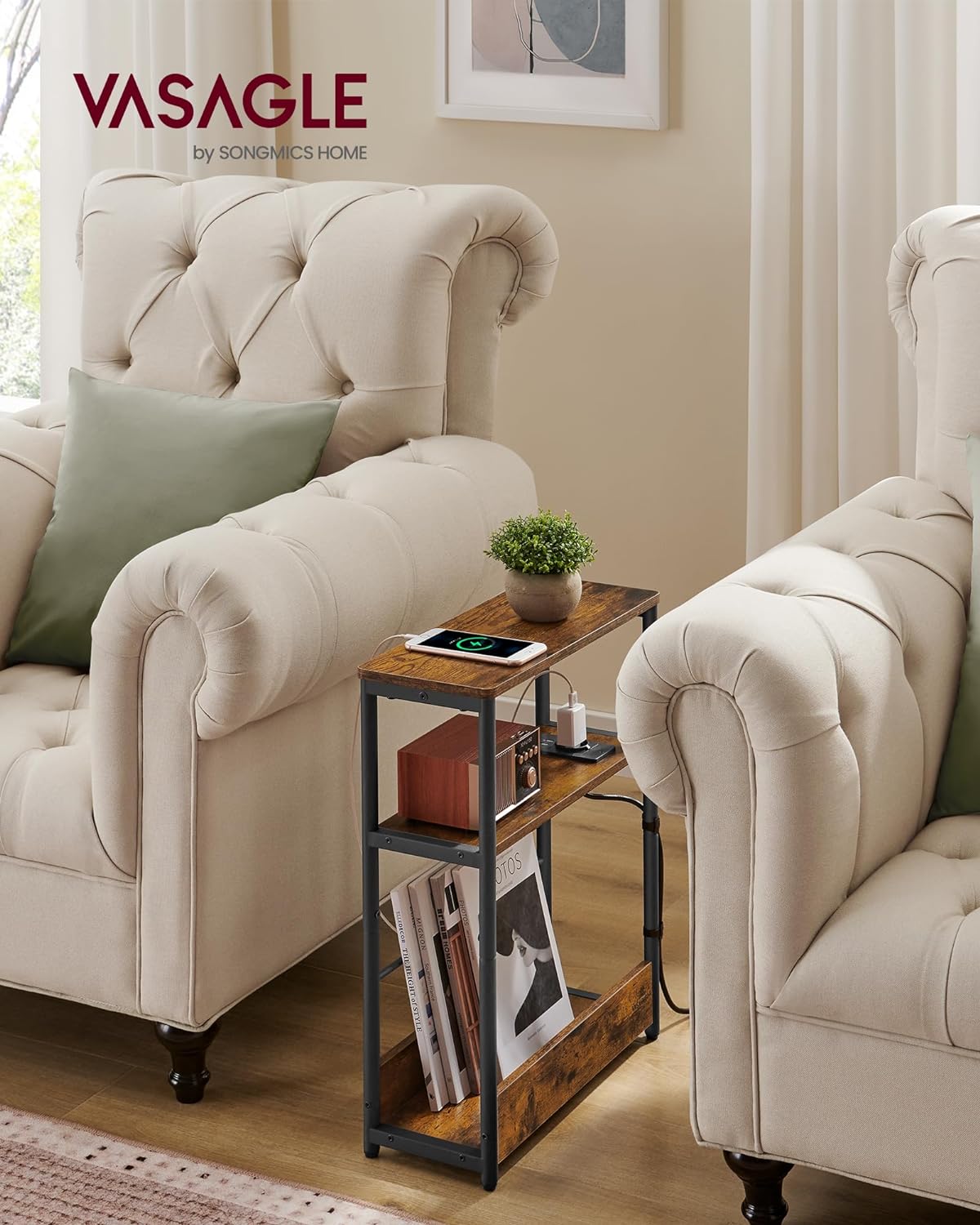 Uski bočni stolić s funkcijom punjenja, 3 police, 18 x 45 x 58 cm, rustikalno smeđa