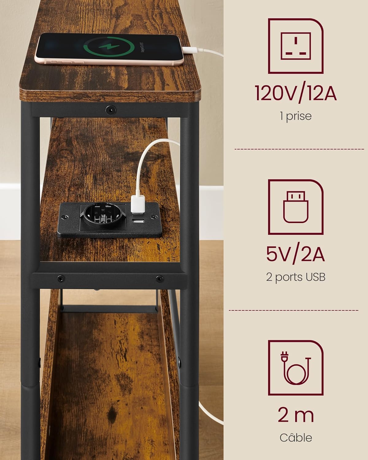 Uski bočni stolić s funkcijom punjenja, 3 police, 18 x 45 x 58 cm, rustikalno smeđa