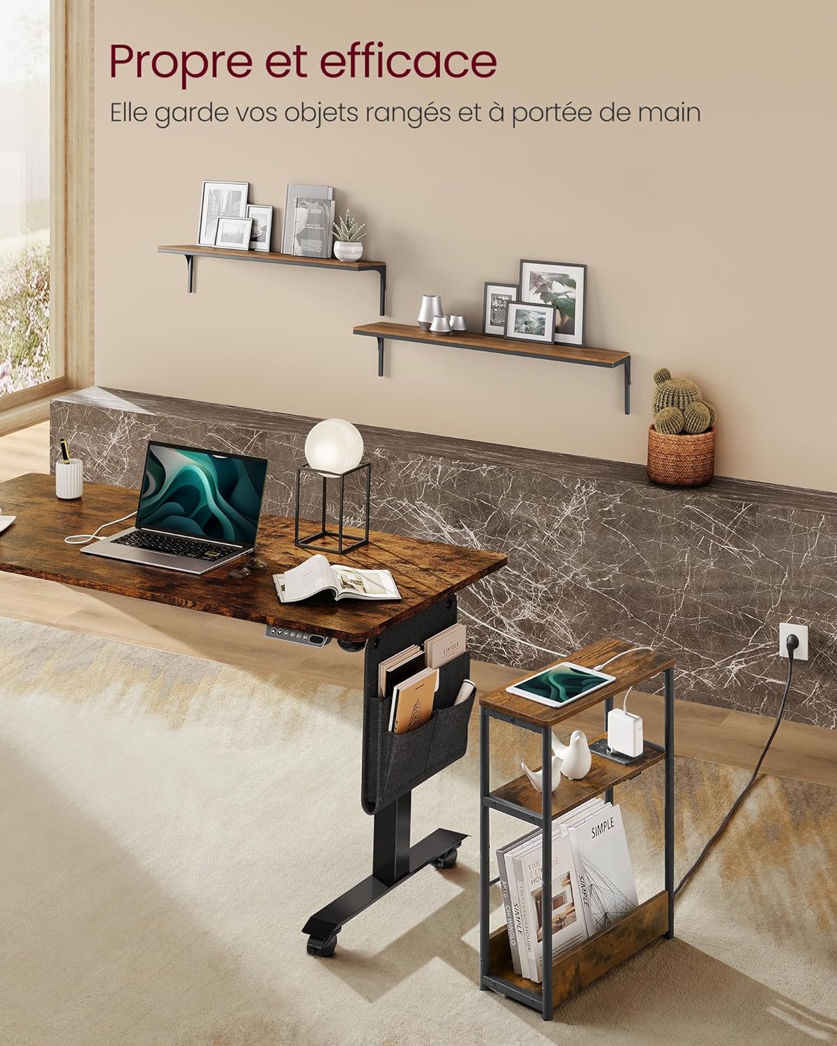 Uski bočni stolić s funkcijom punjenja, 3 police, 18 x 45 x 58 cm, rustikalno smeđa