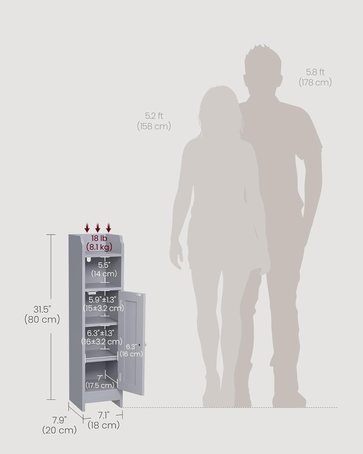 Uski kupaonski ormarić, 20 x 18 x 80 cm, sive boje | VASAGLE-VASAGLE-Vita Home