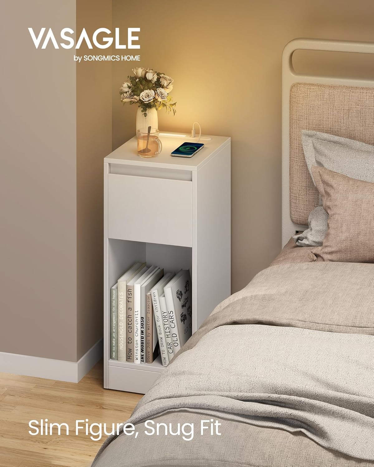 Uski noćni ormarić s punjačem i LED svjetlom, USB priključci, bijeli