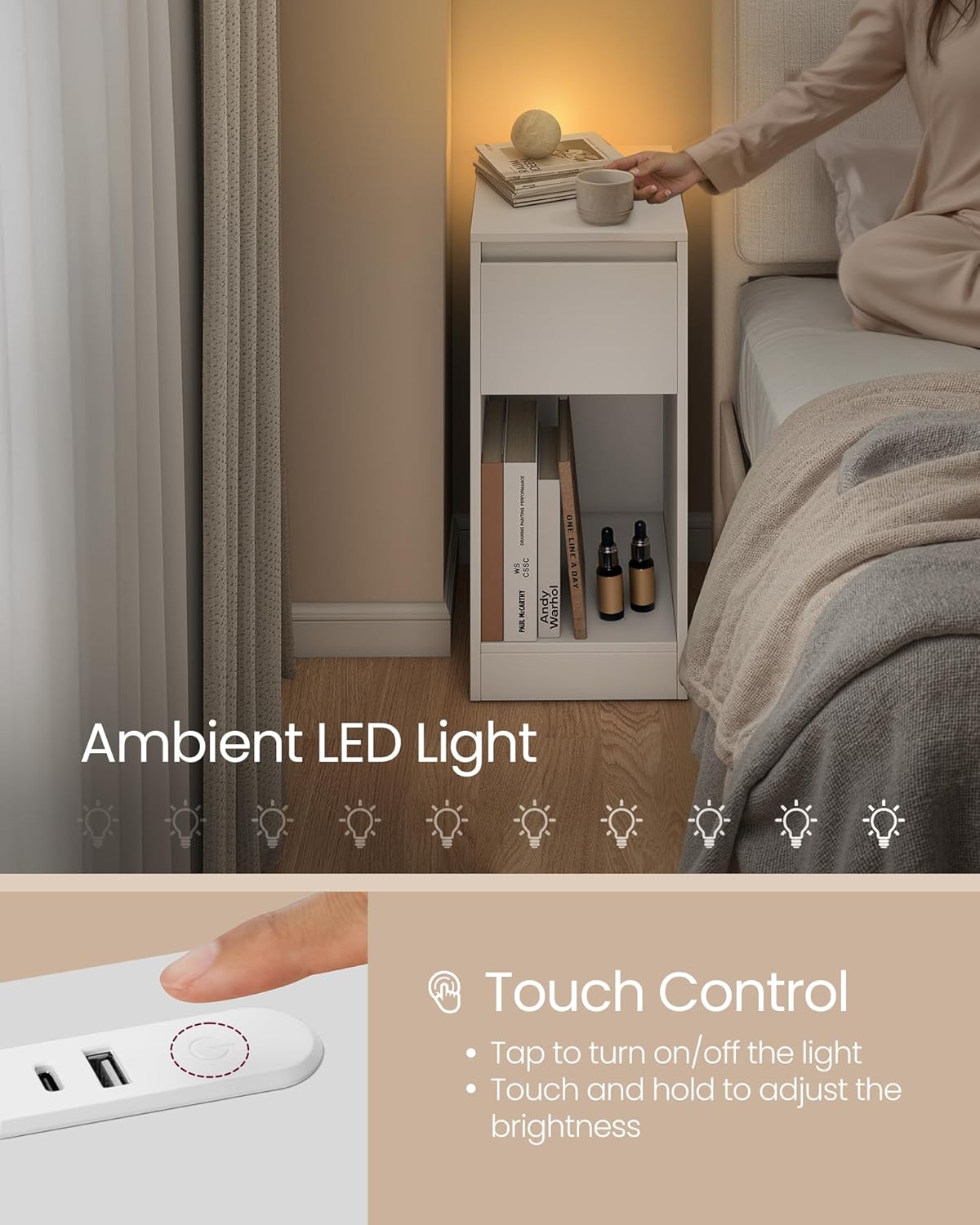 Uski noćni ormarić s punjačem i LED svjetlom, USB priključci, bijeli