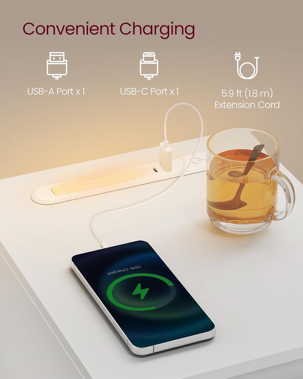 Uski noćni ormarić s punjačem i LED svjetlom, USB priključci, bijeli