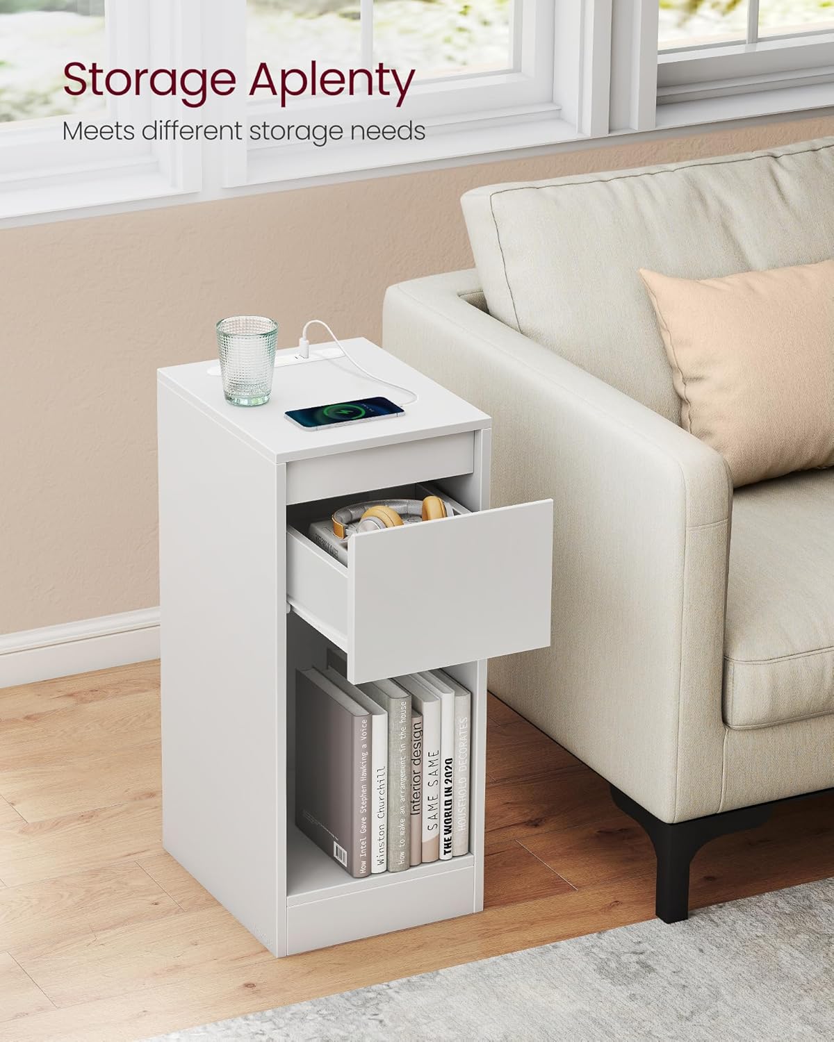 Uski noćni ormarić s punjačem i LED svjetlom, USB priključci, bijeli