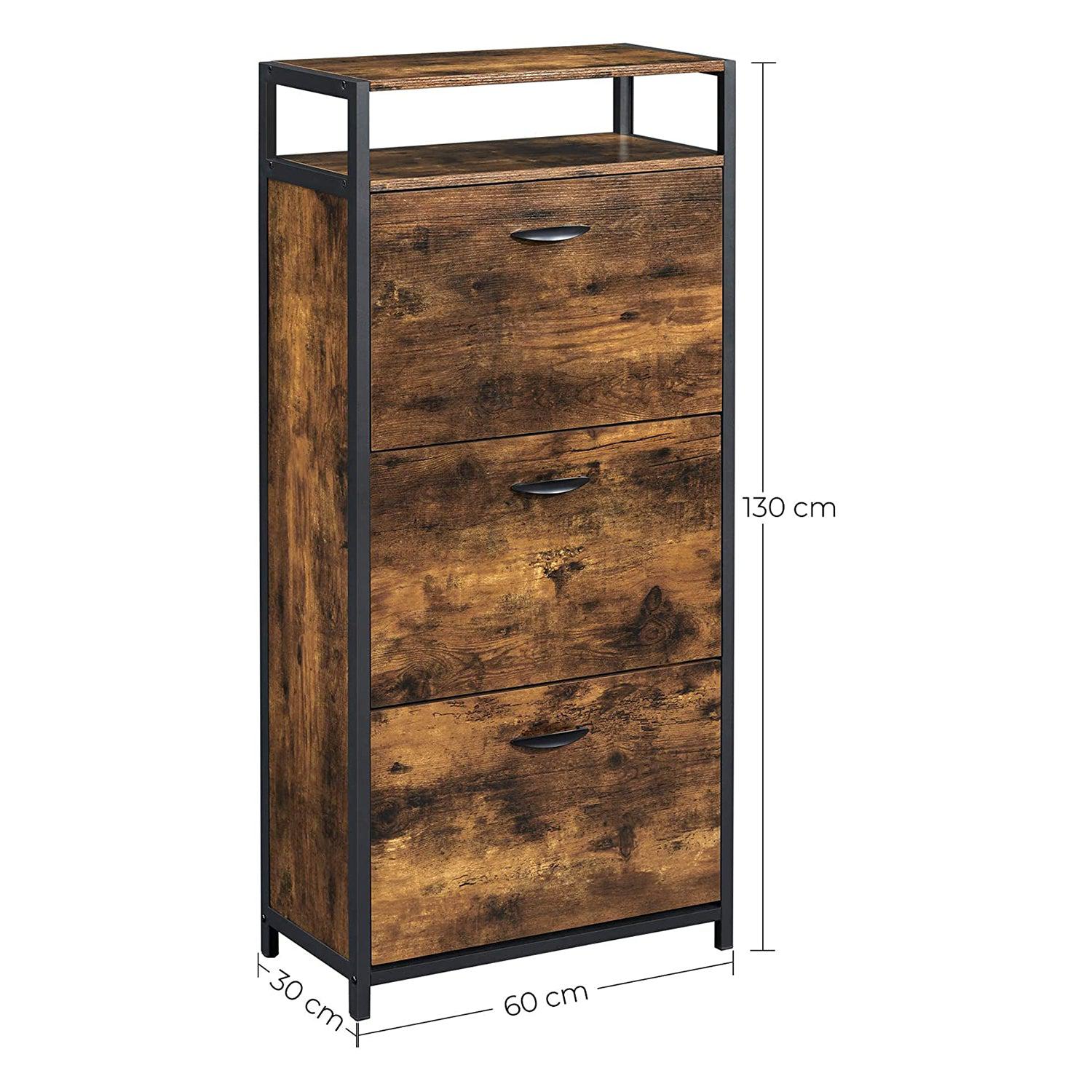 Uski ormarić za cipele s 3 pretinca i policom, 60 x 30 x 130 cm, smeđe-crna | VASAGLE-vitahome.hr