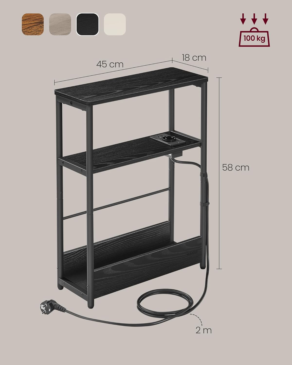 Uski pomoćni stolić s funkcijom punjenja, 18 x 45 x 58 cm, crni-VASAGLE-Vita Home