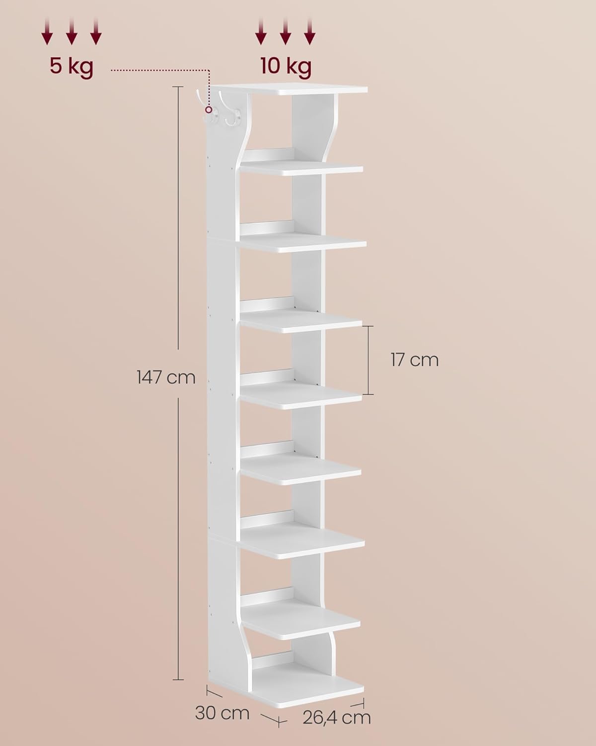 Uski stalak za cipele, 9 nivoa, 30 x 26,4 x 147 cm, mat bijeli