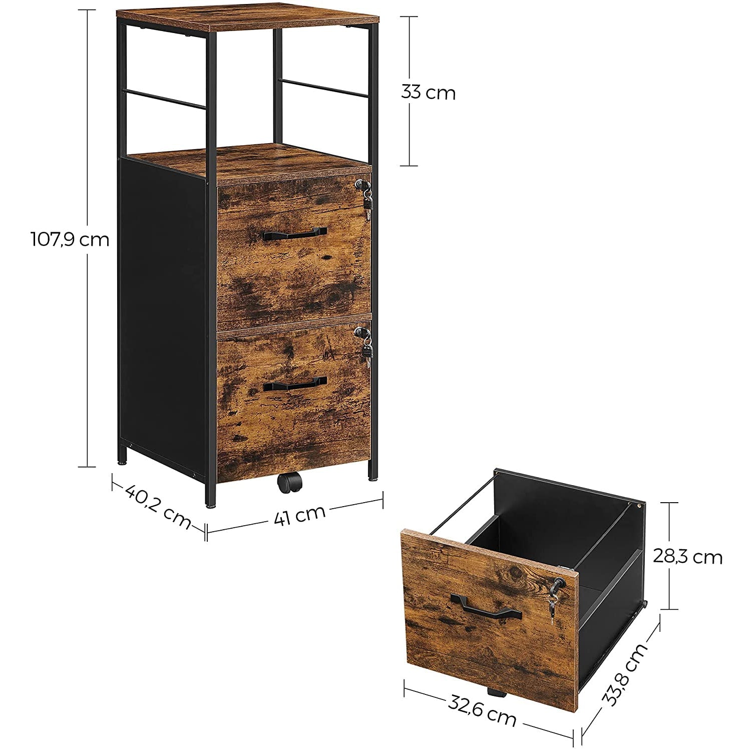 VASAGE Ormar za spise s 2 ladice, Ormar za spise 41 x 107,9 x 40,2 cm, rustikalno smeđi | Vasagle-vitahome.hr