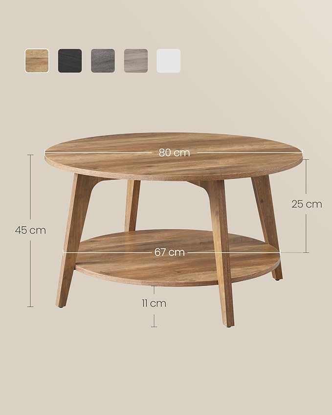 VASAGLE dvoetažni okrugli stolić za kavu s odlaganjem na dnu, 80 x 45 cm, medno smeđa