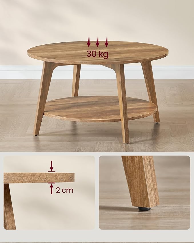 VASAGLE dvoetažni okrugli stolić za kavu s odlaganjem na dnu, 80 x 45 cm, medno smeđa