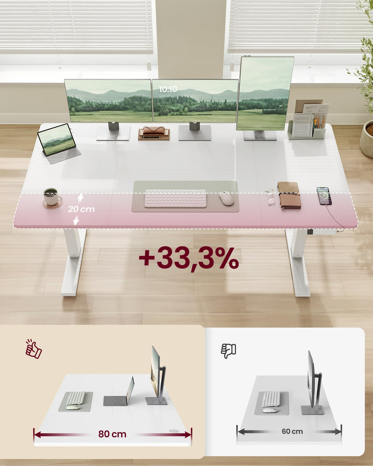 VASAGLE električni stol podesive visine s USB-C priključkom, 160x80 cm, bijela