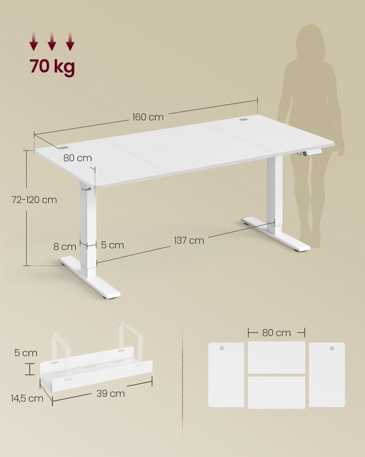 VASAGLE električni stol podesive visine s USB-C priključkom, 160x80 cm, bijela