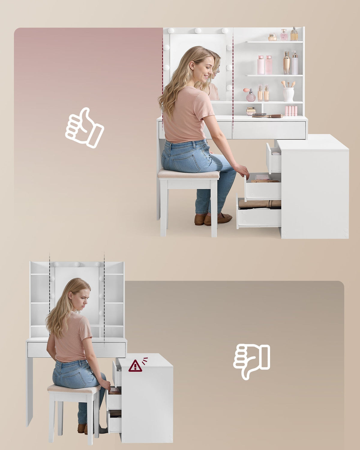 VASAGLE Kailyn toaletni stolić s LED rasvjetom, 8 ladica i zrcalom, oblačno bijela