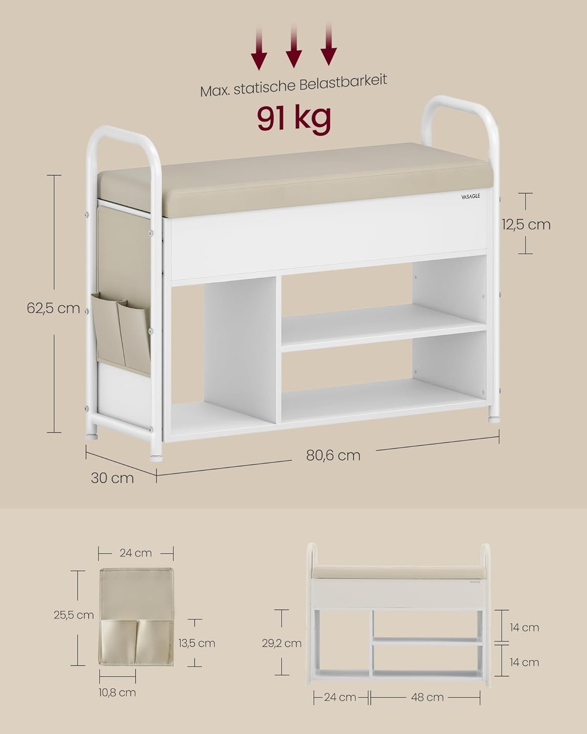 VASAGLE klupa za cipele s prostorom za pohranu i sjedalom, 80 cm, oblačno bijela-bež