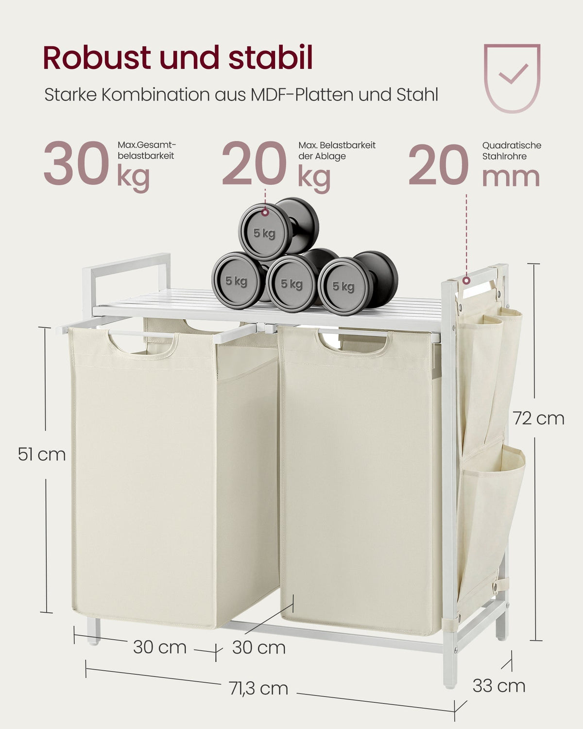 VASAGLE košara za rublje s 2 odjeljka i policom, 2 x 46 L, krem bijela
