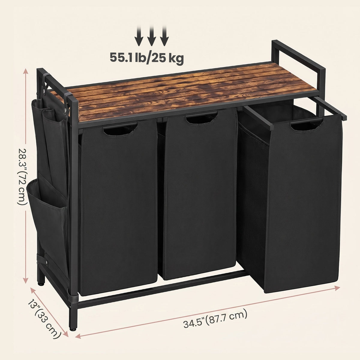 VASAGLE košara za rublje s 3 odjeljka i policom, 120 L, 87,7 x 33 x 72 cm, tintno crna i rustikalno smeđa