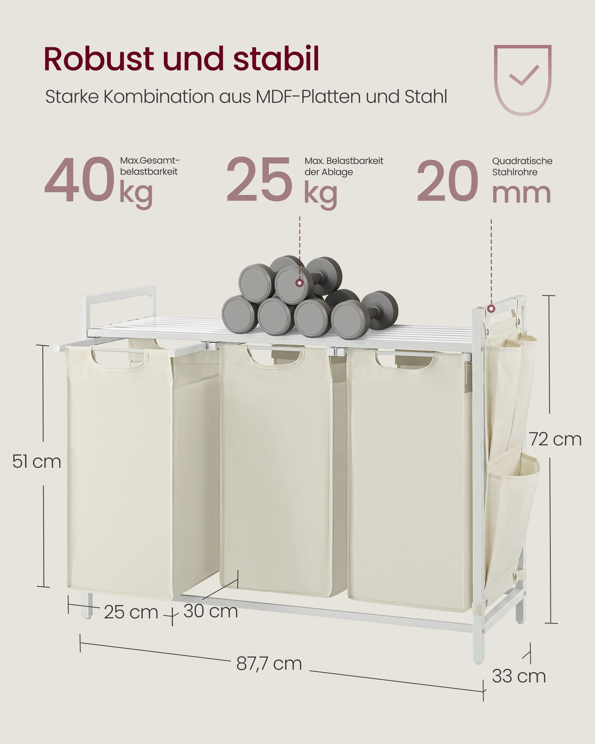 VASAGLE košara za rublje s 3 odjeljka i policom, 3 x 40 L, krem bijela