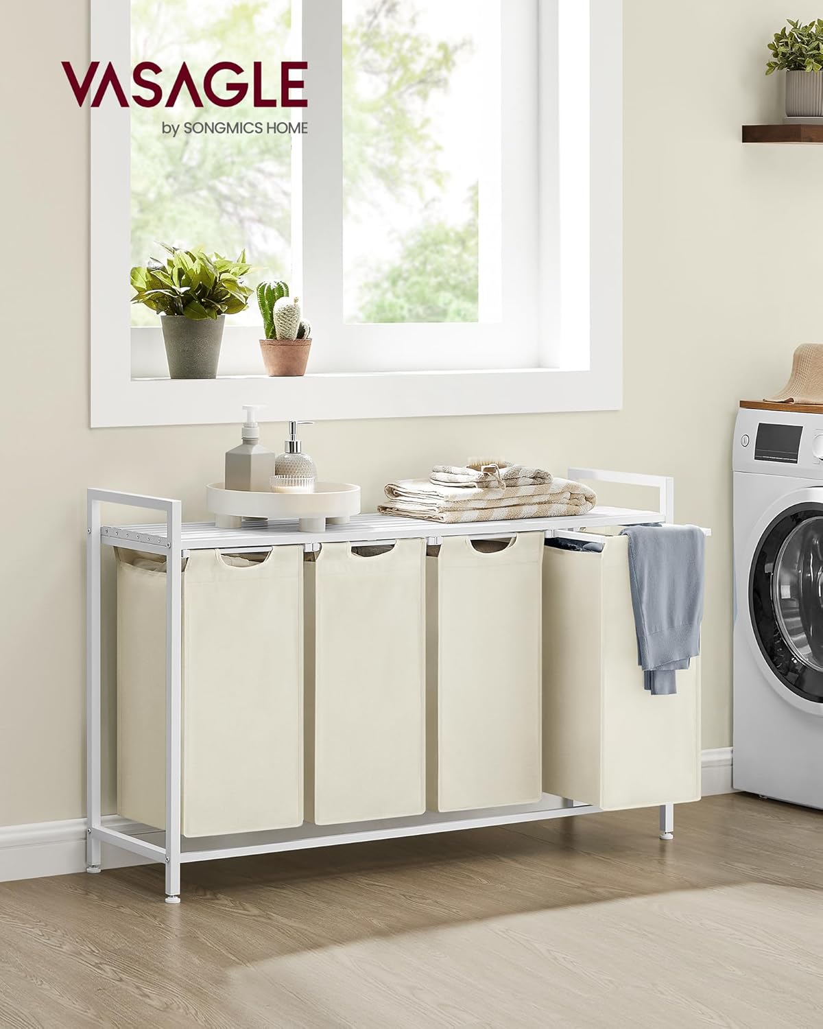 VASAGLE košara za rublje s 4 odjeljka 4 × 40 L, 116 × 33 × 72 cm, krem-bijela i mat bijela