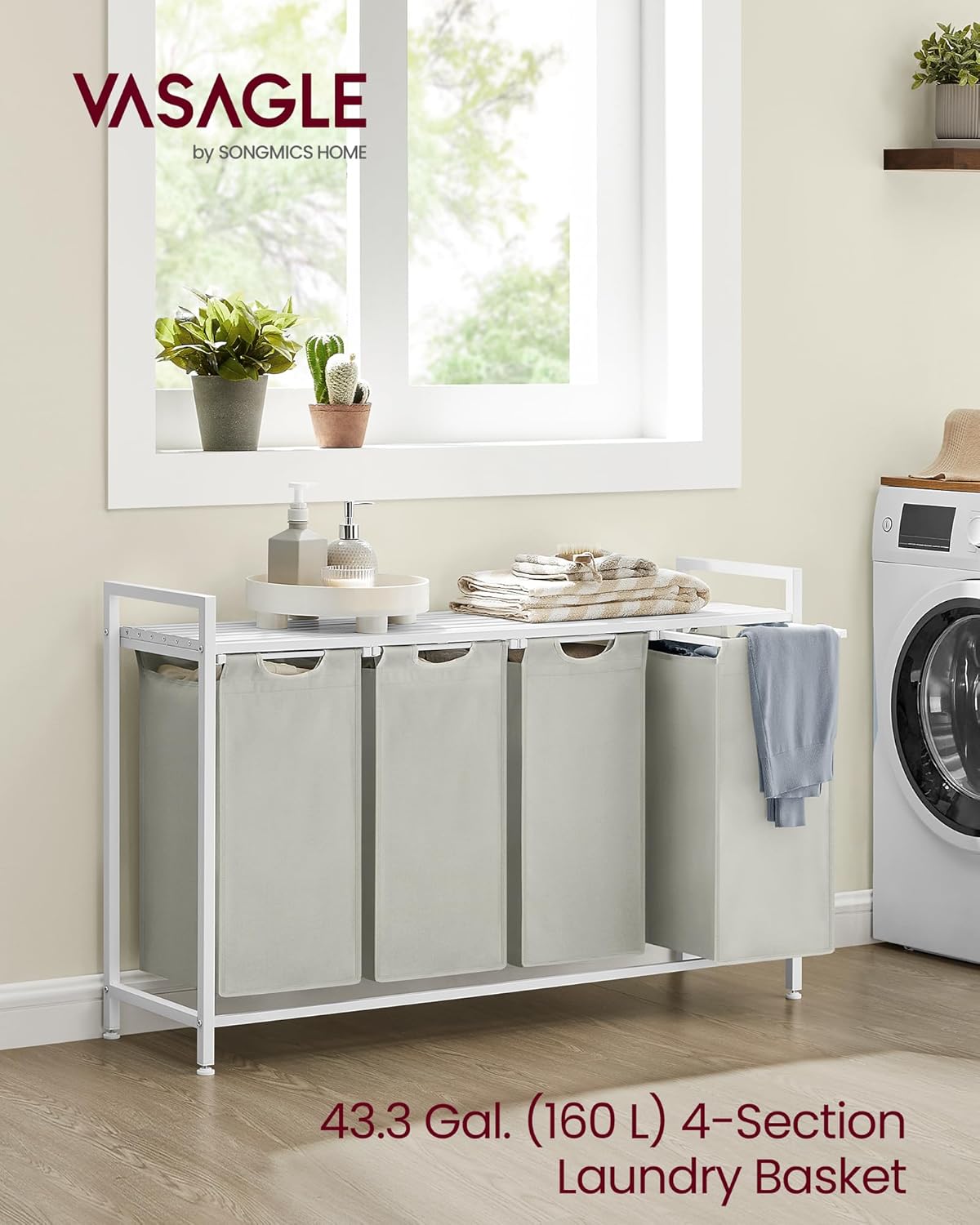 VASAGLE košara za rublje s 4 odjeljka 4 × 40 L, 116 × 33 × 72 cm, krem-bijela i mat bijela