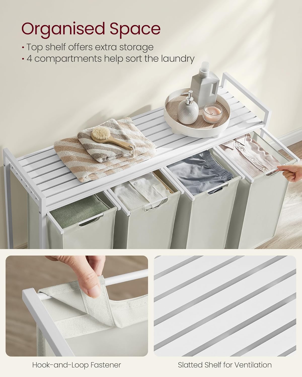 VASAGLE košara za rublje s 4 odjeljka 4 × 40 L, 116 × 33 × 72 cm, krem-bijela i mat bijela