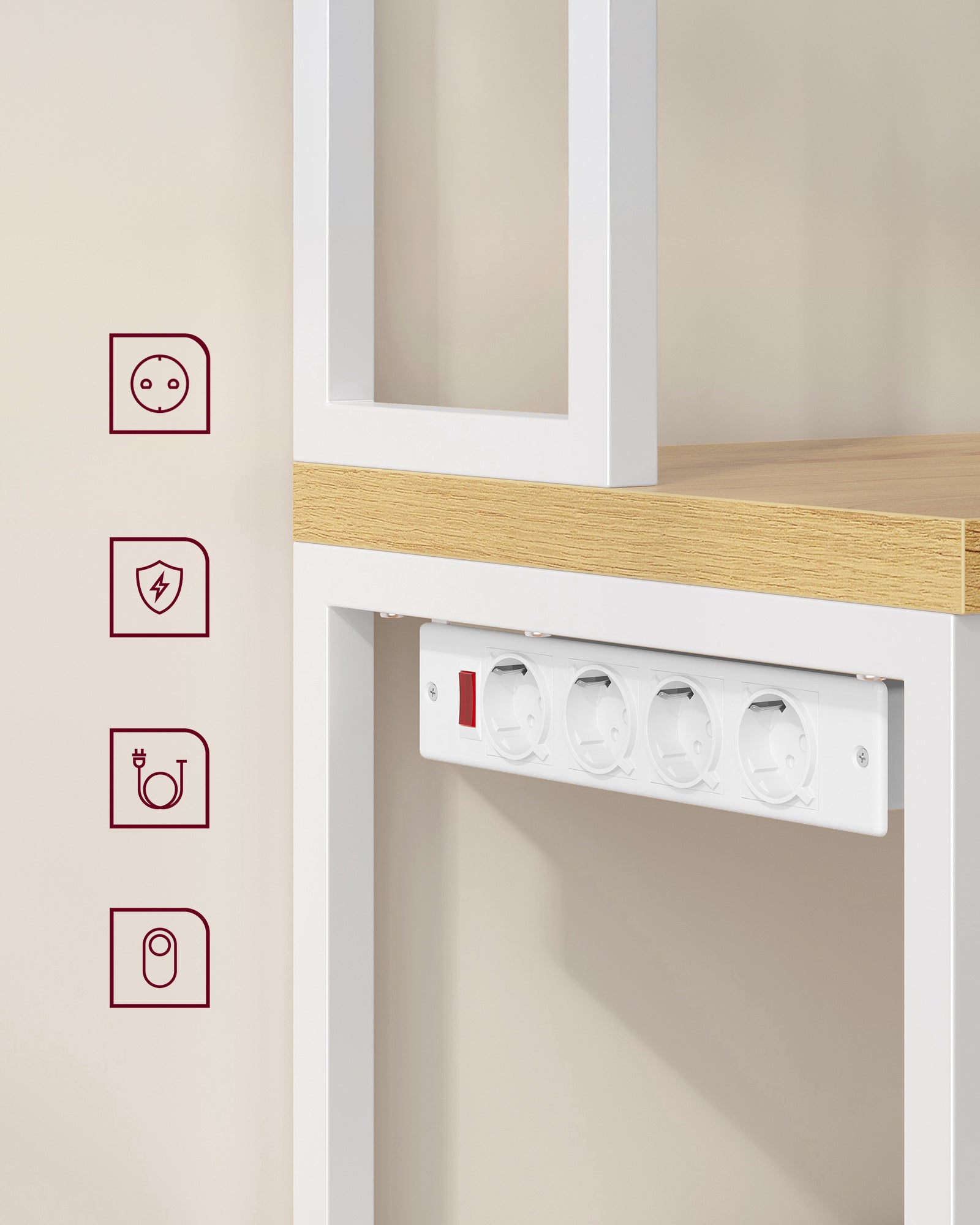 VASAGLE kuhinjska polica s ugrađenom utičnicom 40×60×170 cm, hrast-bijela