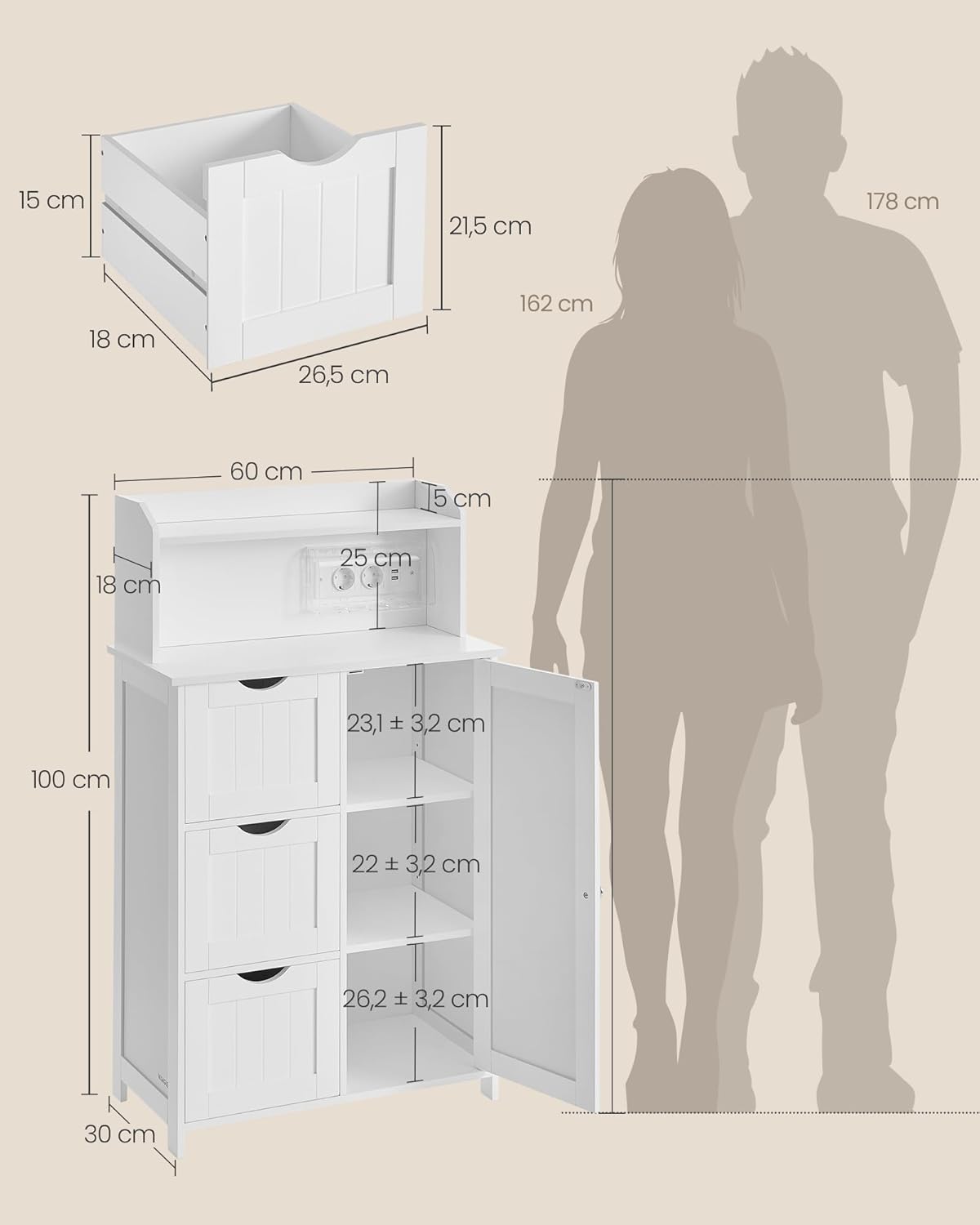 VASAGLE kupaonski ormarić, 30 x 60 x 100 cm, oblačno bijela