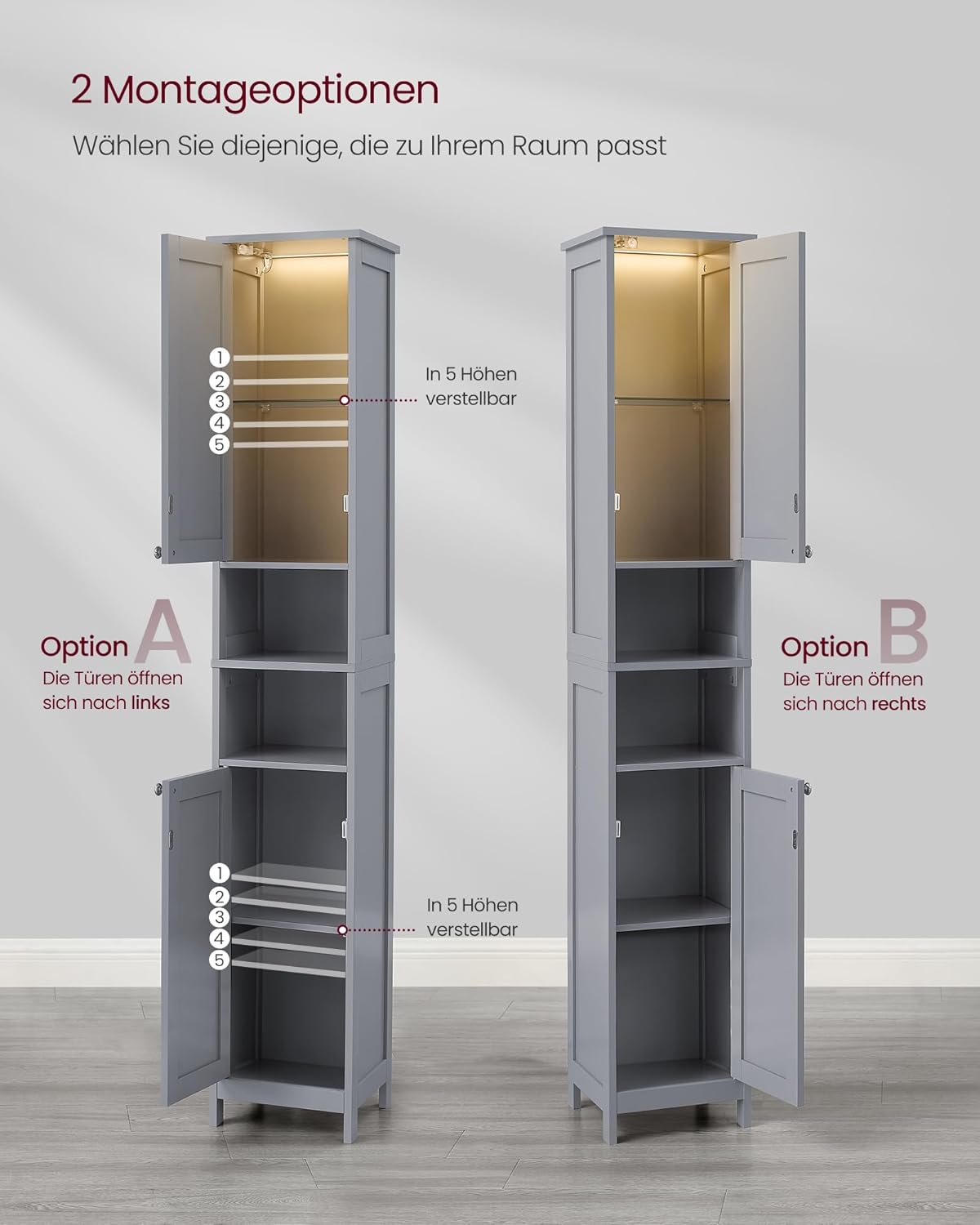 VASAGLE kupaonski ormarić s rasvjetom 30x30x170 cm, sivi