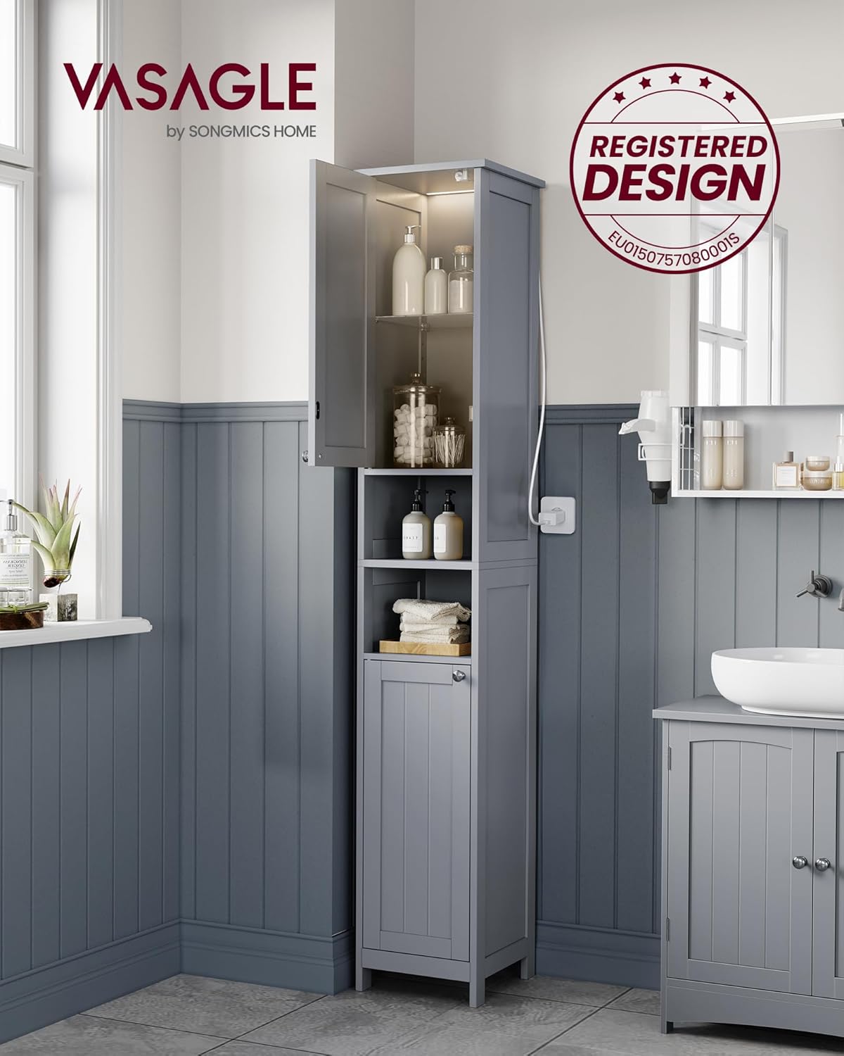 VASAGLE kupaonski ormarić s rasvjetom 30x30x170 cm, sivi
