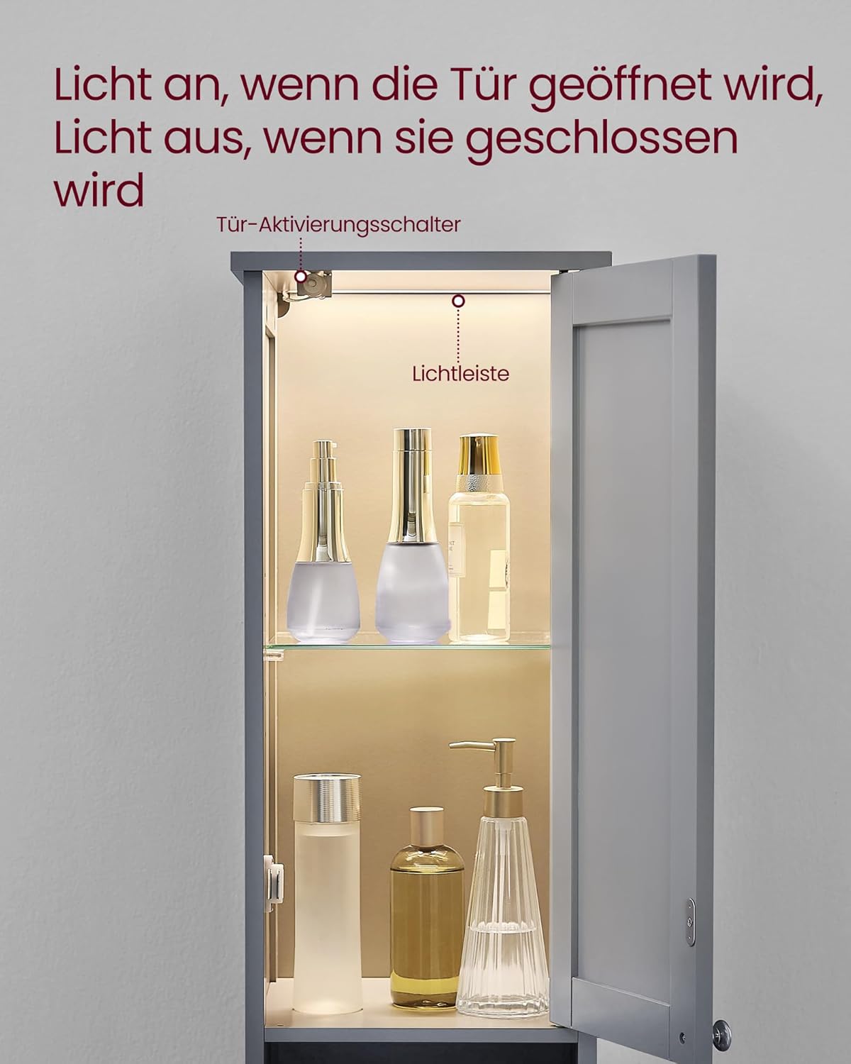 VASAGLE kupaonski ormarić s rasvjetom 30x30x170 cm, sivi