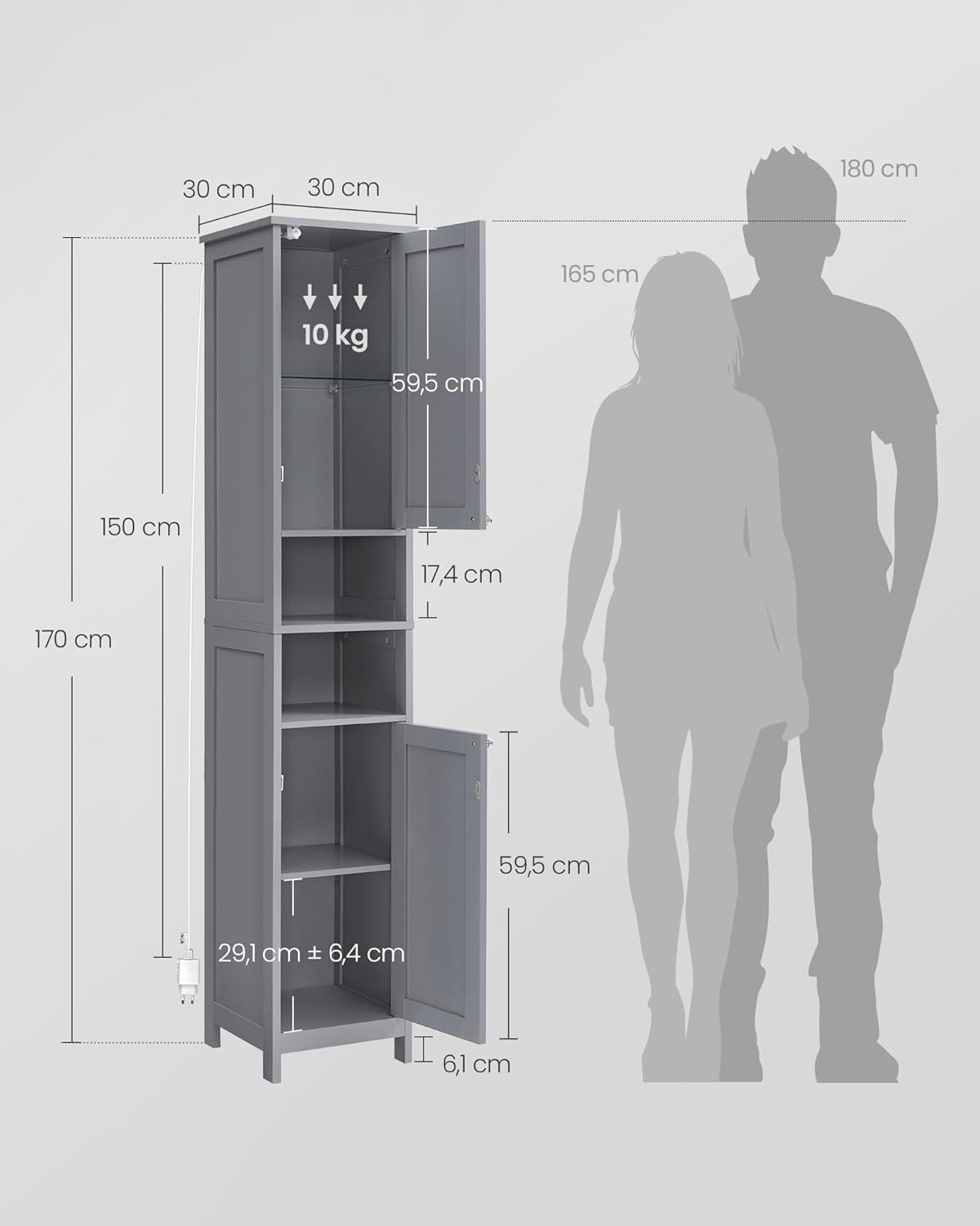 VASAGLE kupaonski ormarić s rasvjetom 30x30x170 cm, sivi