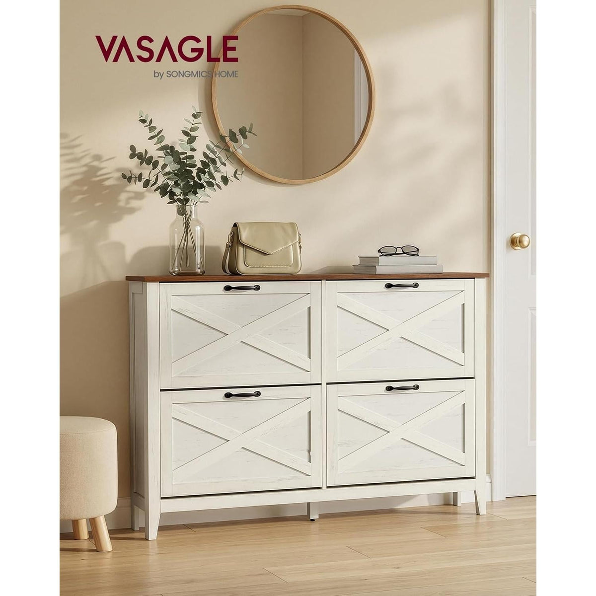 VASAGLE LIRY uski ormar za cipele s 4 preklopna vrata, vintage bijeli