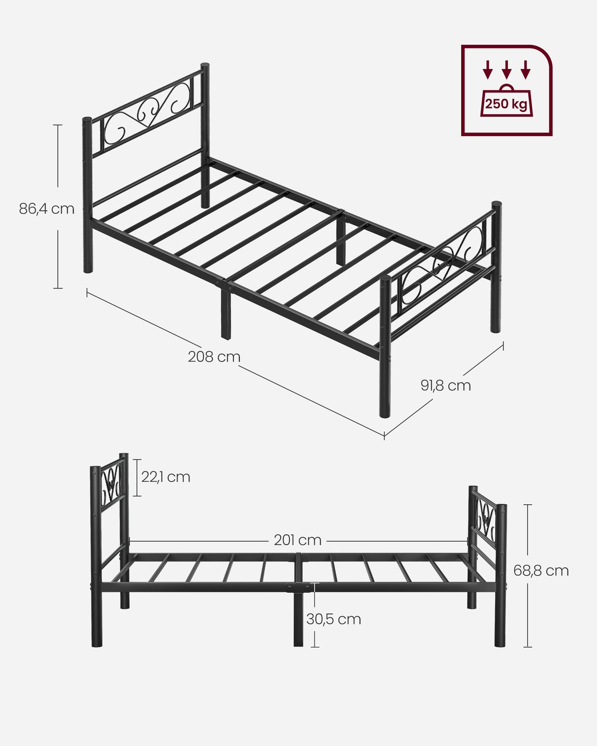 VASAGLE metalni krevet za jednu osobu za gostinjsku sobu, 90 x 200 cm, crna
