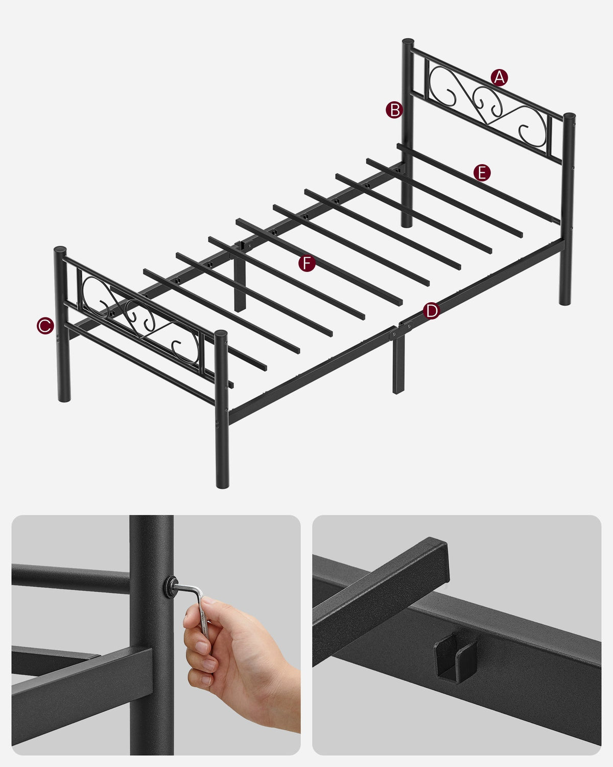 VASAGLE metalni krevet za jednu osobu za gostinjsku sobu, 90 x 200 cm, crna