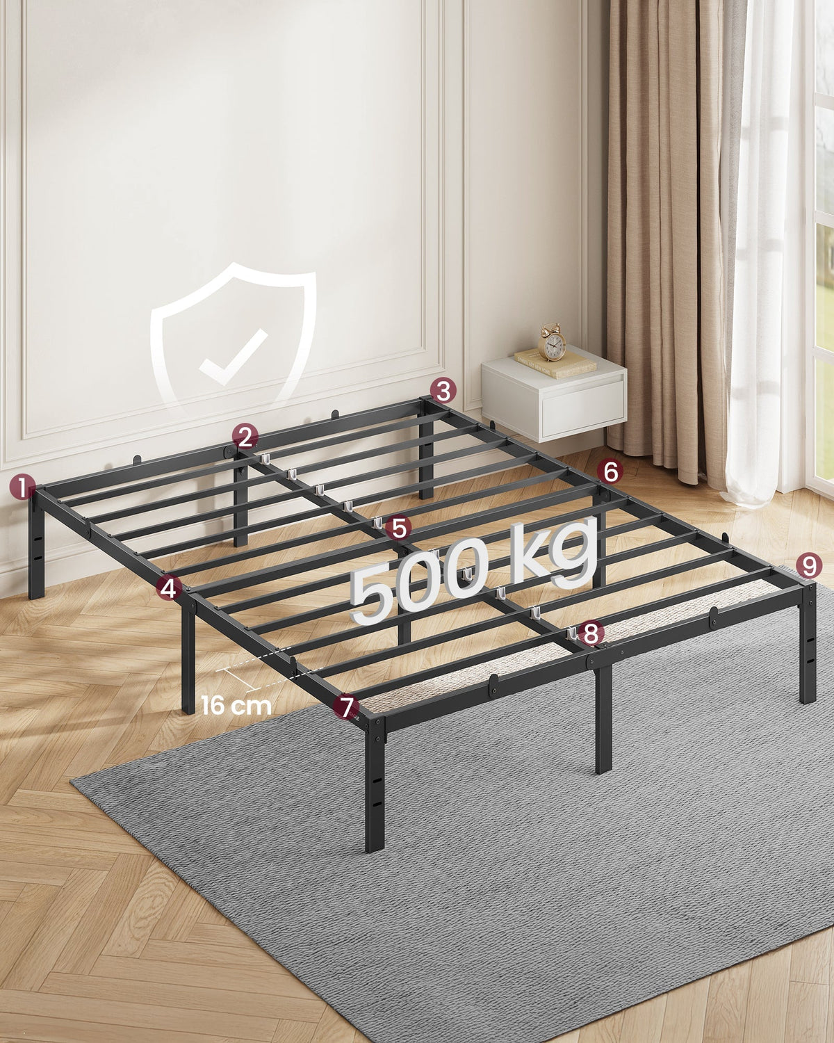 VASAGLE metalni okvir bračnog kreveta s prostorom za pohranu ispod kreveta, 140 x 200 cm, crna