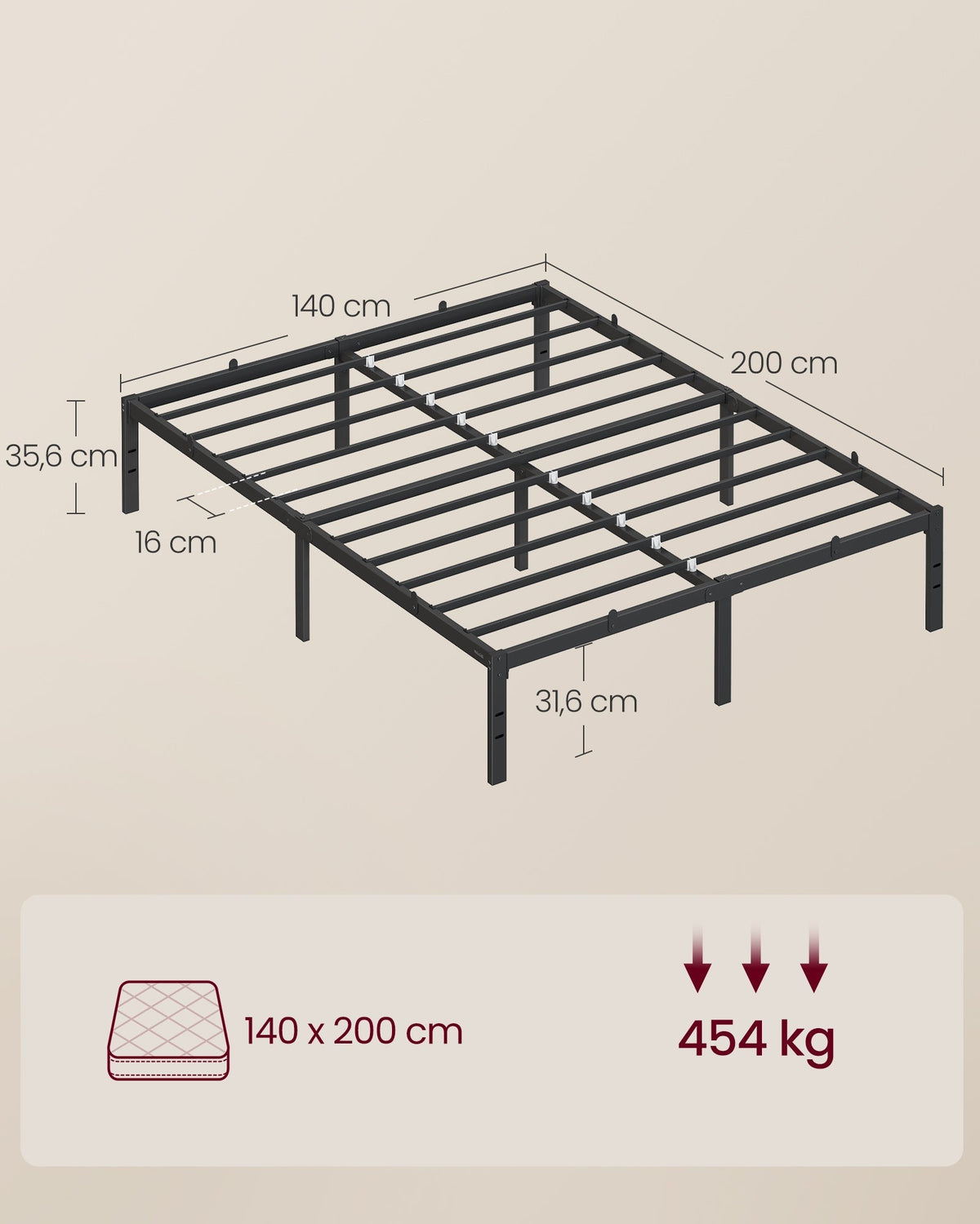 VASAGLE metalni okvir bračnog kreveta s prostorom za pohranu ispod kreveta, 140 x 200 cm, crna
